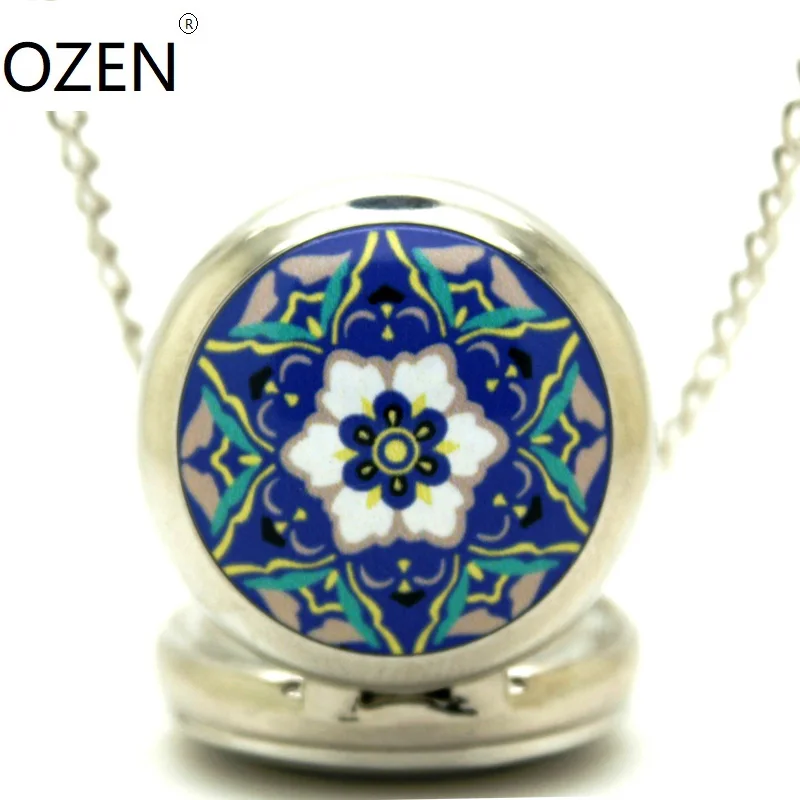 

(6062) 12pcs/lot Silver Tone Victorian Style Enamel China Flower design MIRROR Pocket Watch necklaces keychain pendant.