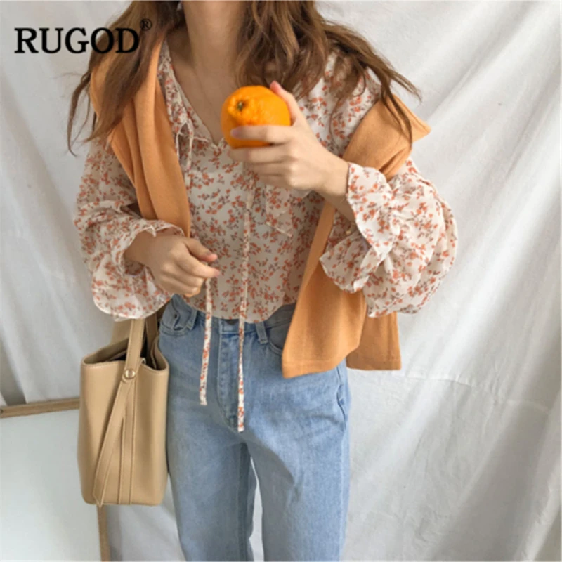 

RUGOD 2019 Spring Chiffon Blouse Women Ruffles Print Butterfly long sleeve V-Neck Lace Sweet and temperament blouse
