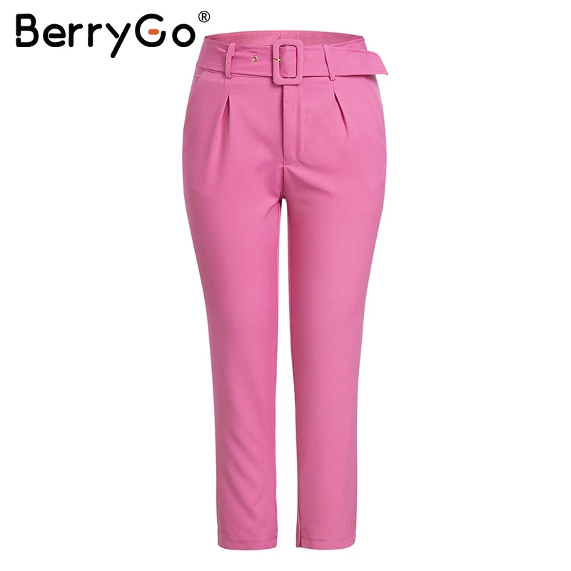 BerryGo повседневные сексуальные белые брюки с пряжкой на поясе, женские элегантные прямые брюки с высокой талией, женские розовые брюки - Цвет: roseo