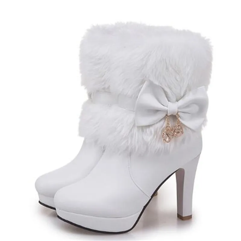 Women Boots Autumn and winter New style Sweet princess High-heeled Short boots Cashmere Keep warm Bow Women Boots size 34-43