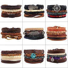 Vintage Alloy Handmade cowhide wooden beads beaded men women woven bracelets Combination set bracelet Cowhide Leather jewelry woven artificial leather beaded friendship bracelets set