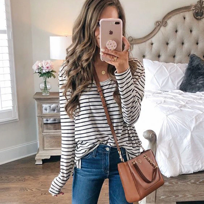 

Womens Autumn Long Sleeve Striped Casual Shirt Ladies Loose Tops Blouse