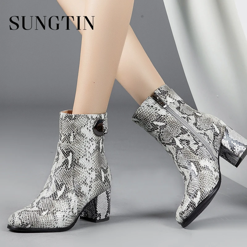 

Sungtin Genuine Leather Print Autumn Boots Women High Heel Ankle Boots Womens Casual Short Riding Boots Fashion Ladies Booties