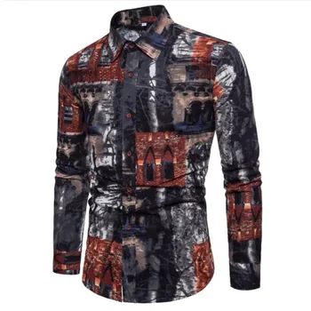 

2019 Men's long-sleeved shirts new style Cotton and linen printing series