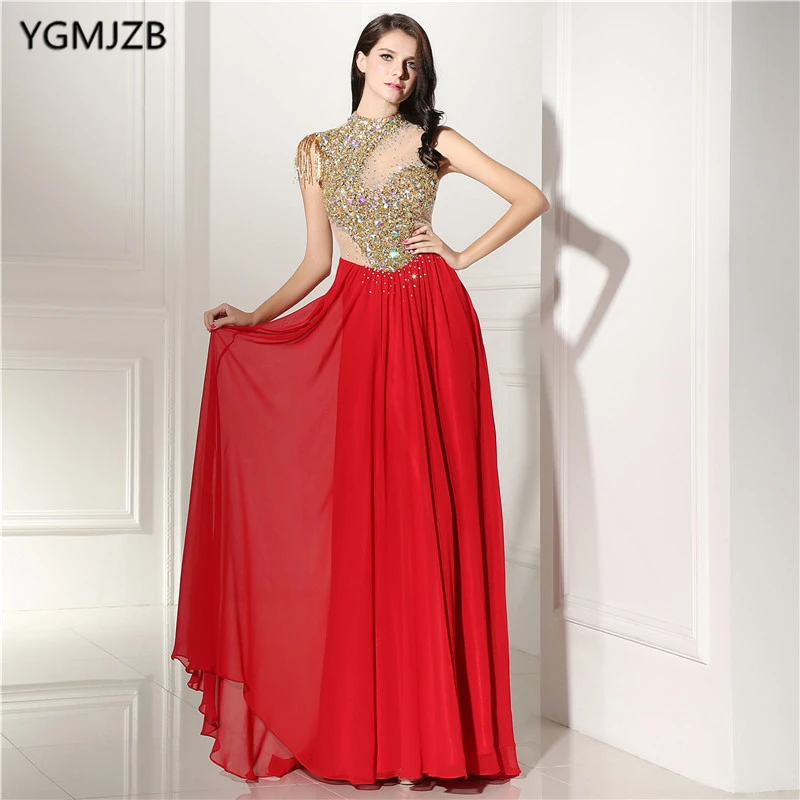 

Sexy Long Evening Dresses 2018 A line High Neck Gold Beaded Crystal Sheer Back Red Prom Dresses African Formal Party Gown