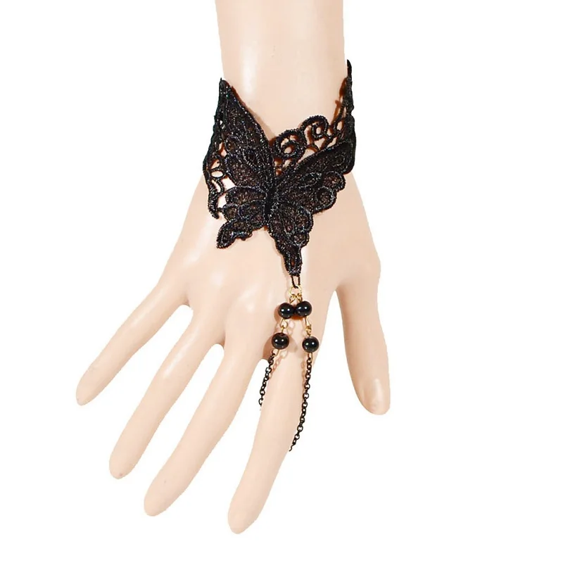 

1pcs Trendy Punk Style Black Butterfly Pattern Lace Bracelets Beads Chain Set Lolita Gothic Lace Harness Bracelet Jewelry