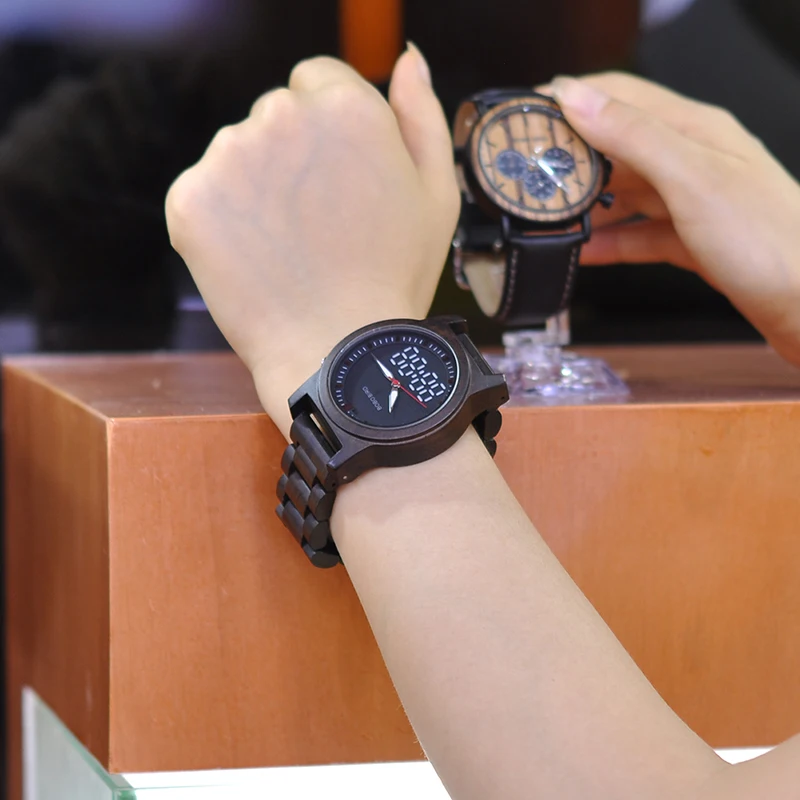 BOBO BIRD Luxury Men Wooden Watches Digital and Quartz Pointer Dual Display Wristwatches Timepiece erkek kol saati In Gift Box