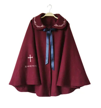 

2016 New Arrival Winter Lolita Coat Retro Mori Girl Britpop Little Red Riding Hood Flower Embroidery Lolita Wool Coat Cape