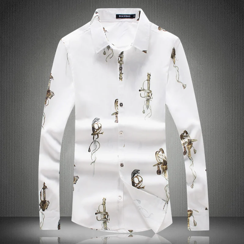 SHANBAO, индивидуальная, модная, с рисунком ножа, с принтом, роскошная, высокое качество, мужская, тонкая, с длинным рукавом, рубашка, весна, белая рубашка