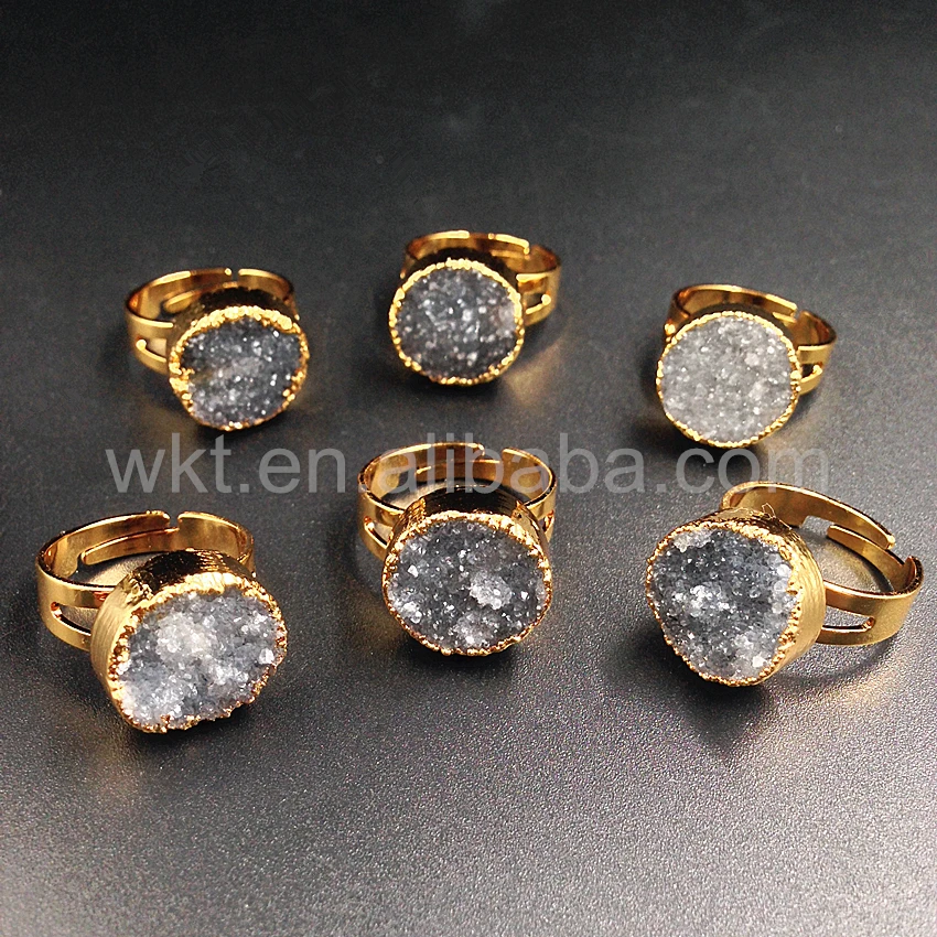 WT-R246, модный дизайн, кольцо Druzy, ювелирное изделие, подарок, натуральный камень druzy, необработанный серый камень, кольца с 24k золотым покрытием, кольцо с камнем
