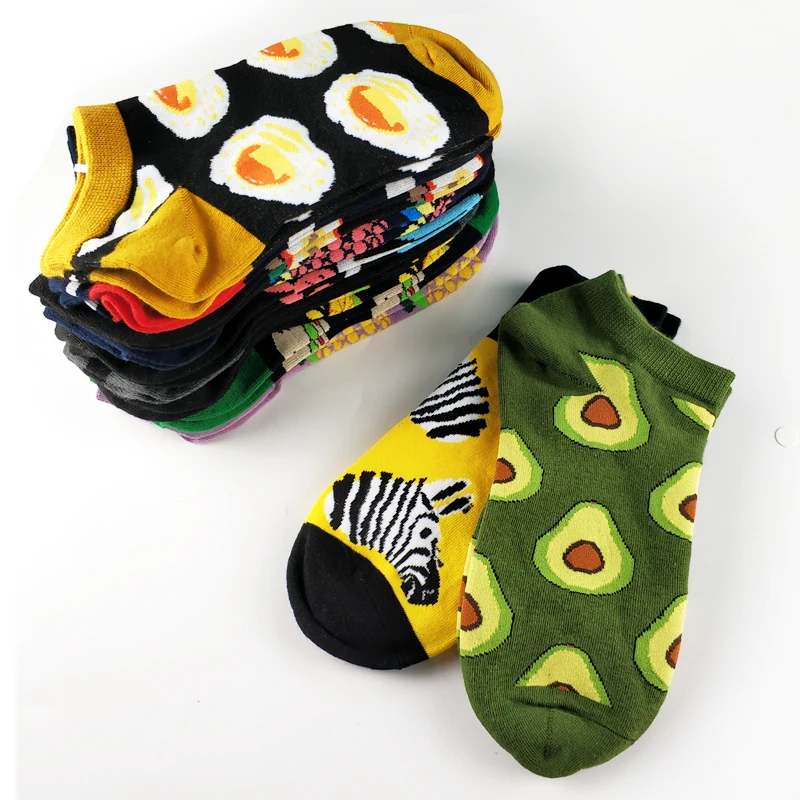 5 Pairs/lot Animal Food Fruit Avocado Zebra Burger Omelette Flamingo Socks Happy Cotton Ankle Funny Men Women Summer Casual Sock