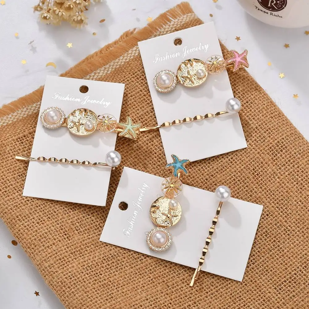 

MissCyCy 2Pcs/Set Alloy Hair Clip for Women Star Pentagram Hairpin Sea World Imitation Pearl Hair Jewelry Wedding Accessories