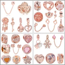 Новинка,,, 925 бусинка из ленты, розовое золото, эмаль, подвеска, Подходит для Пандора, браслет, ожерелье, сделай сам, Женские Ювелирные изделия