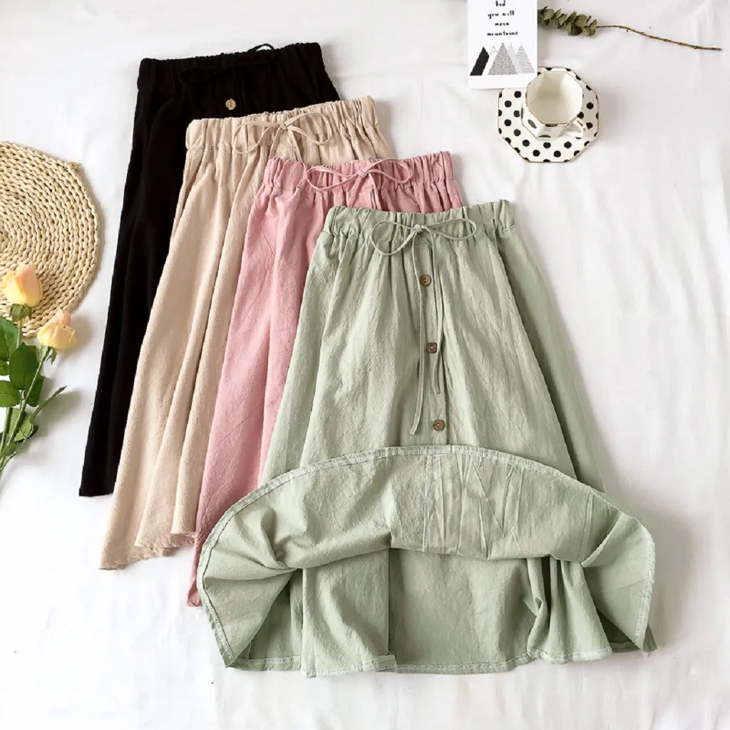 

Women Elastic High Lace Waist Wild Loose Solid Button Leisure Flax Skirt
