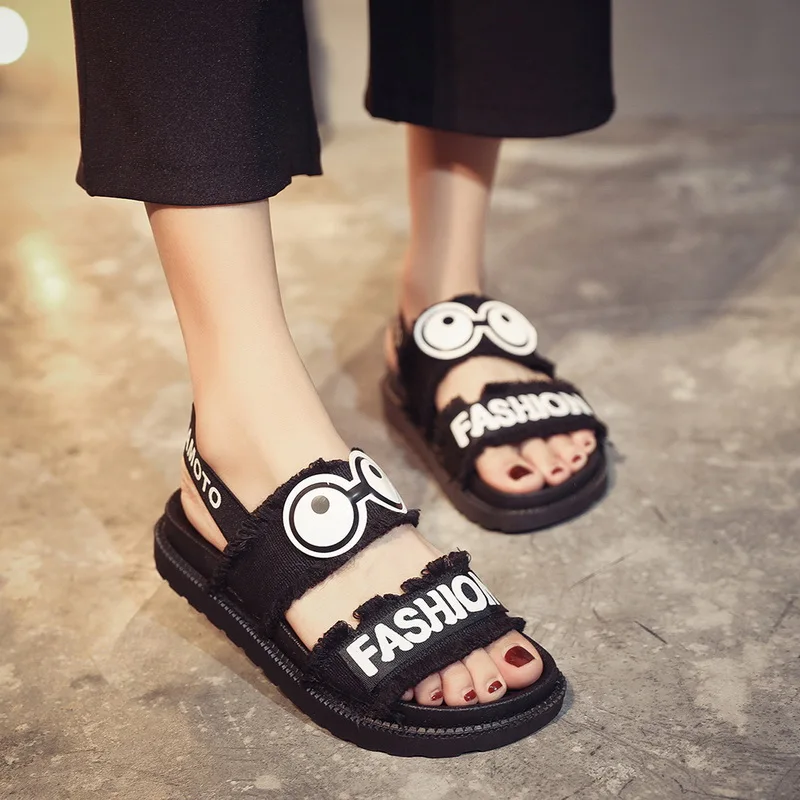 

Puimentiua Canvas Women Sandals Comfort Cartoon Female Shoes Woman Summer Wedge Sandals Ladies Slip-on Flat Sandals Plus Size