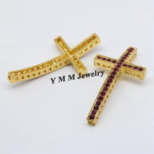 Gold Plated 25x48mm Sideways Cross Shape Bracelet DIY Connectors With Purole Crystal Fashion Findings