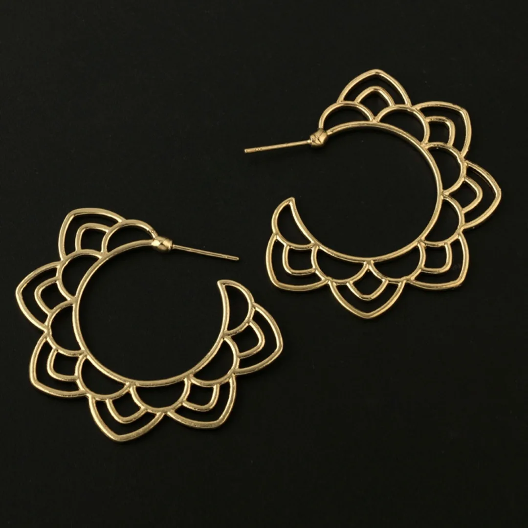 Vintage Ethnic Silver/Gold Color Hoop Earrings Charms Hollow Lotus Flower Earrings Bohemian Womens' Jewelry Accessories Gifts