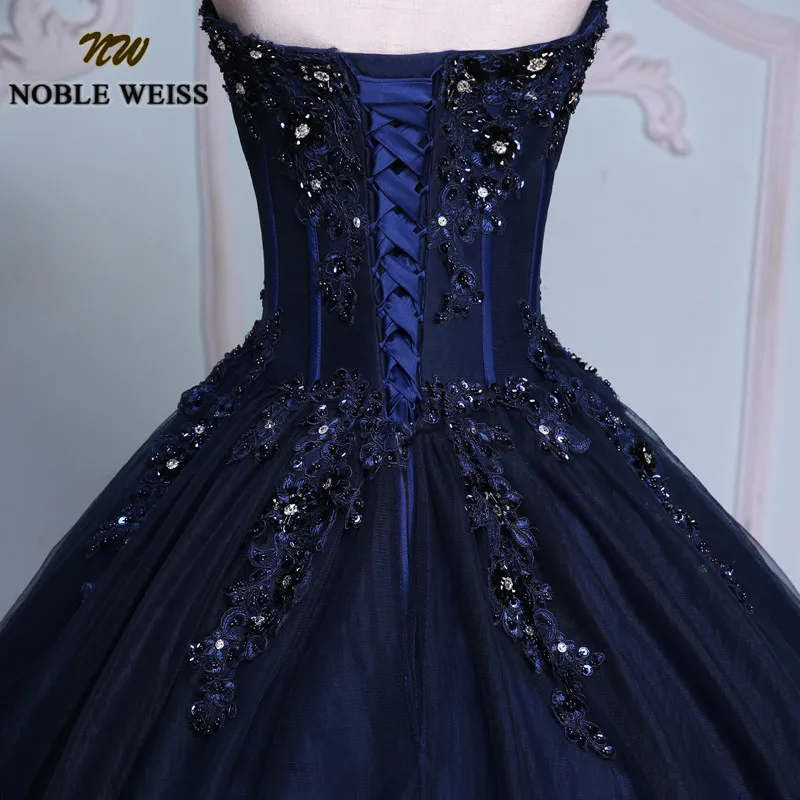 NOBLE WEISS темно-синие пышные платья Бальное Платье милое без бретелек Vestidos de 15 anos Аппликация Кружева Сладкий 16 платья