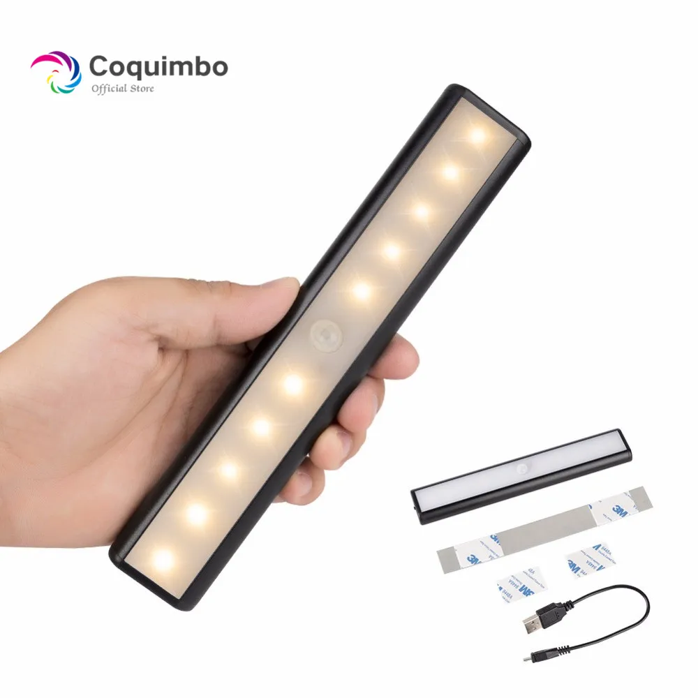 

10 SMD 2835 Cabinet Closet Motion Sensor Night Light With Magnet 3 Modes 180Lm Warm/White Lighting USB Rechargeable Night Light