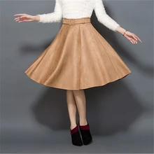 Осенняя одежда года новинка зимы элегантный Винтаж пикантные на молнии Замшевые Кожаные Высокая талия Для женщин по колено Flare бальное платье юбка офис