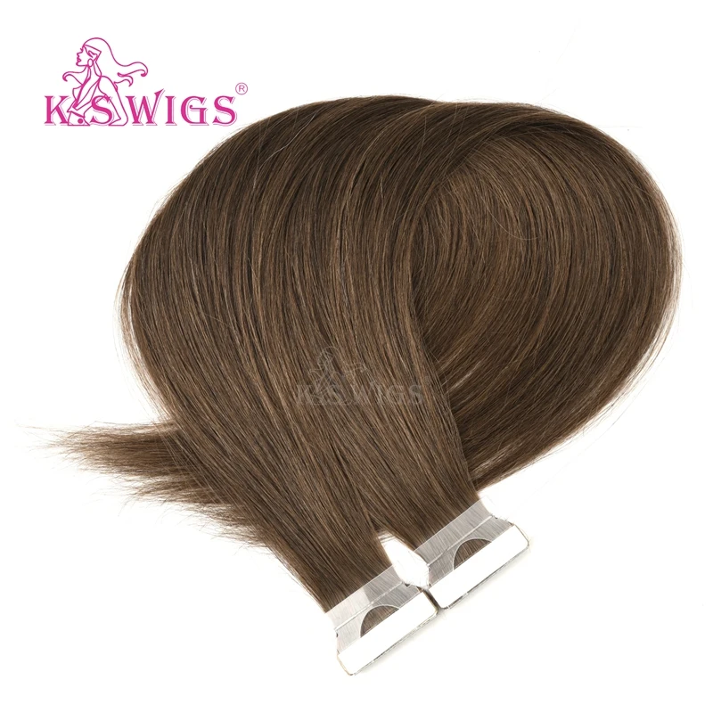 K.S WIGS Straight Double Drawn Remy Hair PU Skin Weft Hand Tied Tape In Human Extensions 16'' 20'' 24''