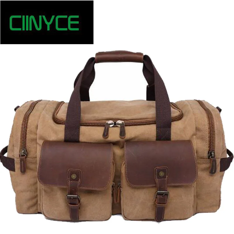 

Duffel Men Canvas Vintage Crazy horsehide Carry Weekender Vintage Military Shoulder Leather Travel Tote Large Overnight Bag