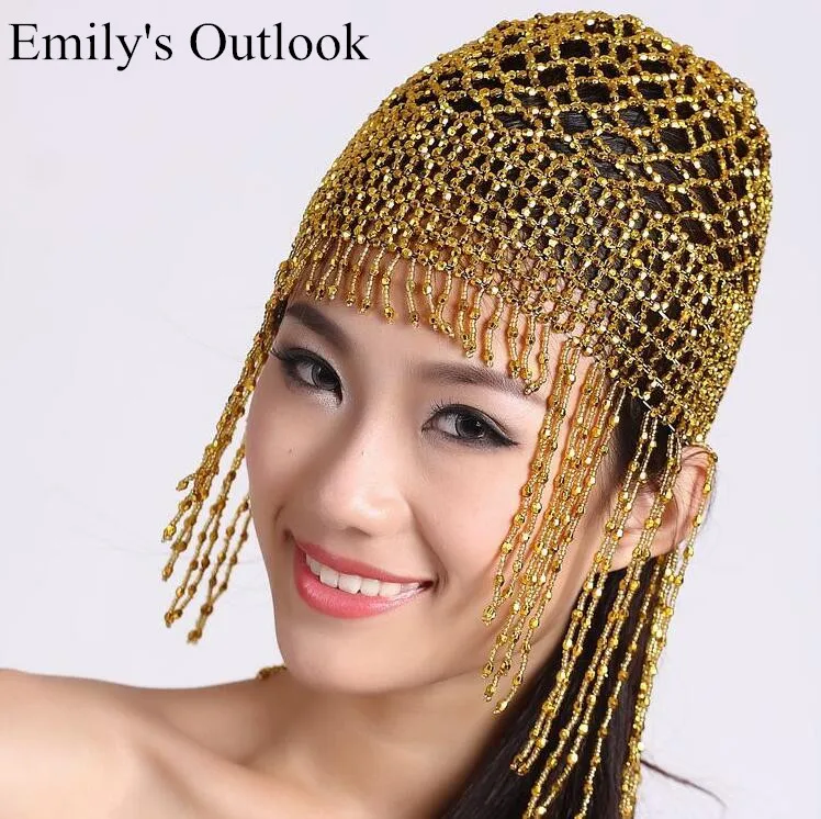 

Women Tribal Exotic Belly Dance Hat Elastic Bead Tassel Cap Hair Accessory Egyptian Costume Golden Silver ATS Free Shipping