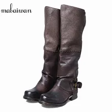 Mabaiwan/Модная женская обувь; ковбойские сапоги ручной работы в стиле милитари; мотоциклетные сапоги до колена из натуральной кожи; женская обувь на плоской подошве с пряжкой