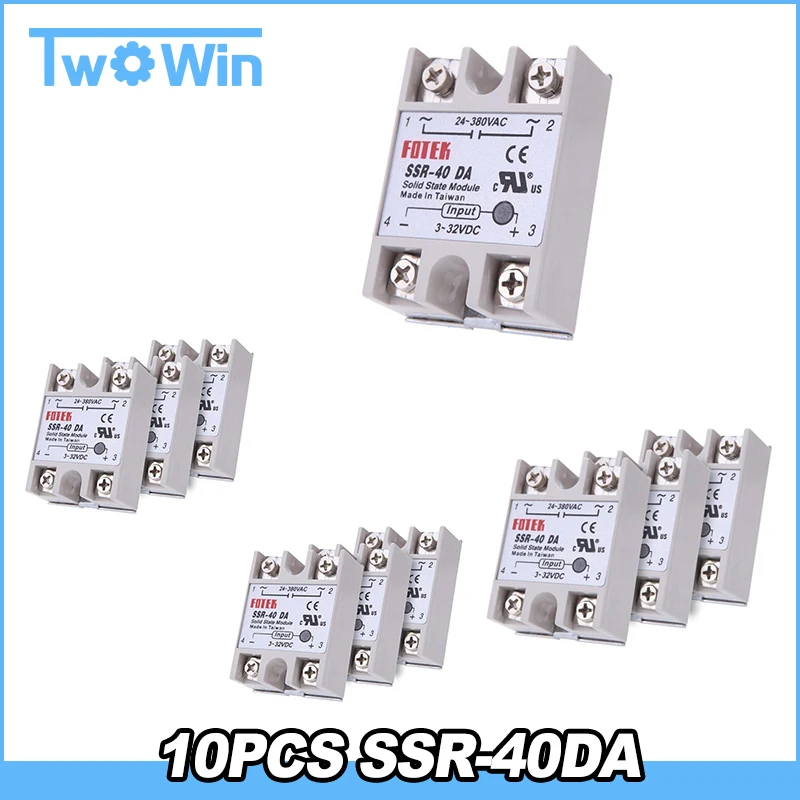 

10PCS SSR-40DA Solid State Relay Single Phase Semi-Conductor Relay Input 3-32V DC Output 24-380V AC