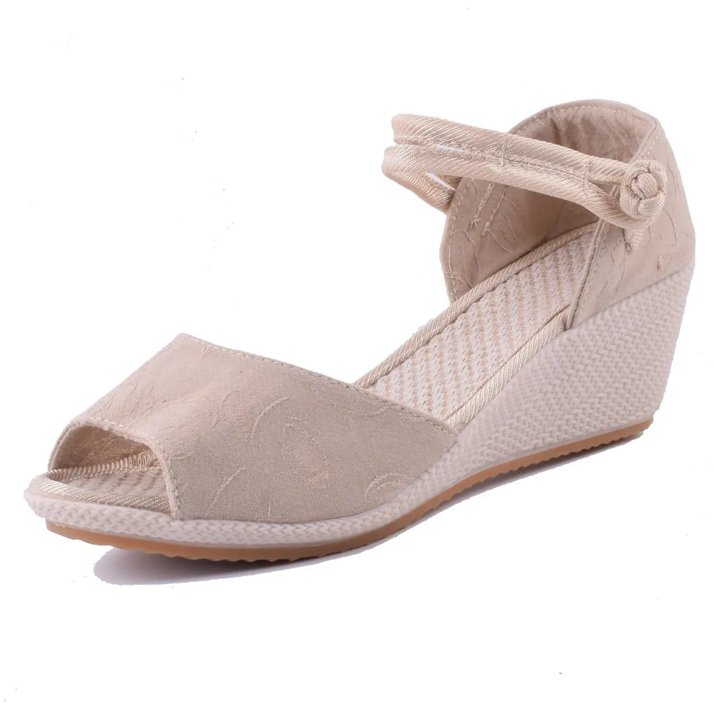 

Vintage Embroidery New Spring Summer Women's Sandals Open Peep Toe High Heel Sandalet Causal Cotton Fabric Chaussure Femme Talon