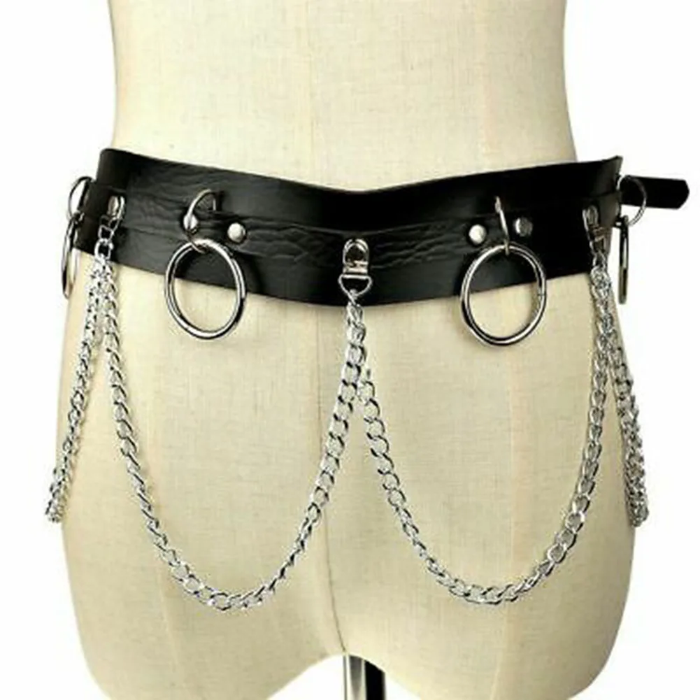

Punk Hip-hop Wild Personality Belt Waist Chain Belt with Jewelry Faux Leather Belt Adjustable Metal Chain Hoop Rings Waist Strap