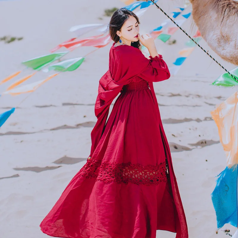 

Women Red Vintage Ethnic V-neck Split Dress Female Long Sleeve High Waist Desert Boho Holiday Beach Bohemia Dresses Vestidos