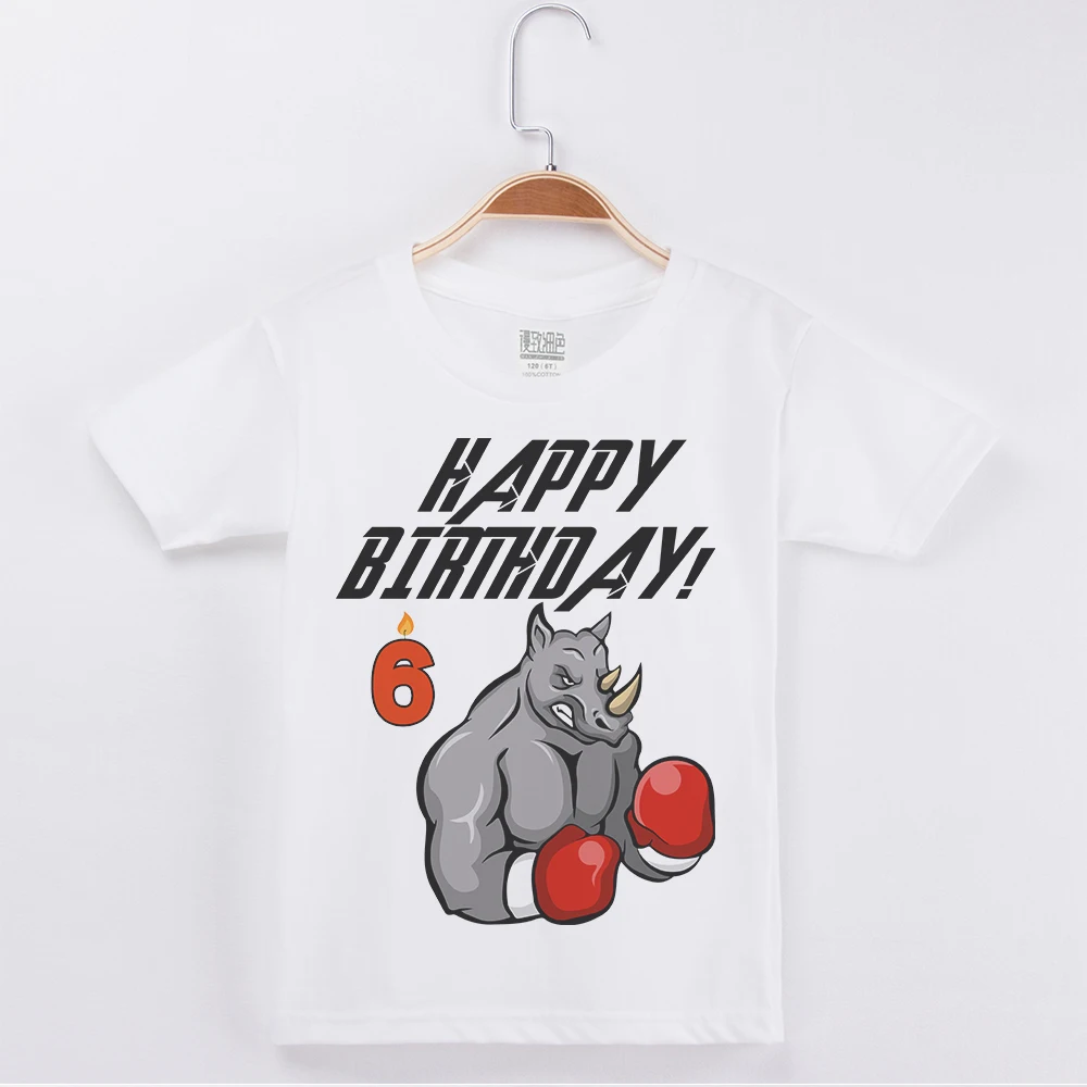 

Limited Time Discount Boxing Rhino Printing Clothes Boys Birthday Numeral T Shirt Cotton Kids Tops Children Boy Tees Clothing