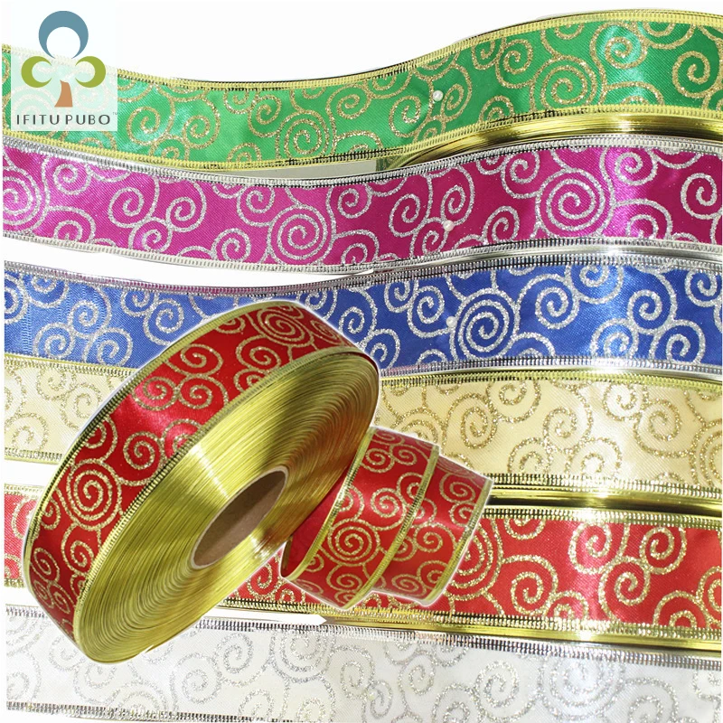 100 Yards Ribbons Gold Silver Printed Grosgrain Satin Ribbons DIY