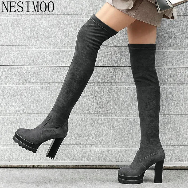 

NESIMOO 2019 Women Over The Knee High Boots Winter Boots Fashion Women Shoes Slip on Square High Heel Women Shoes Size 34-42