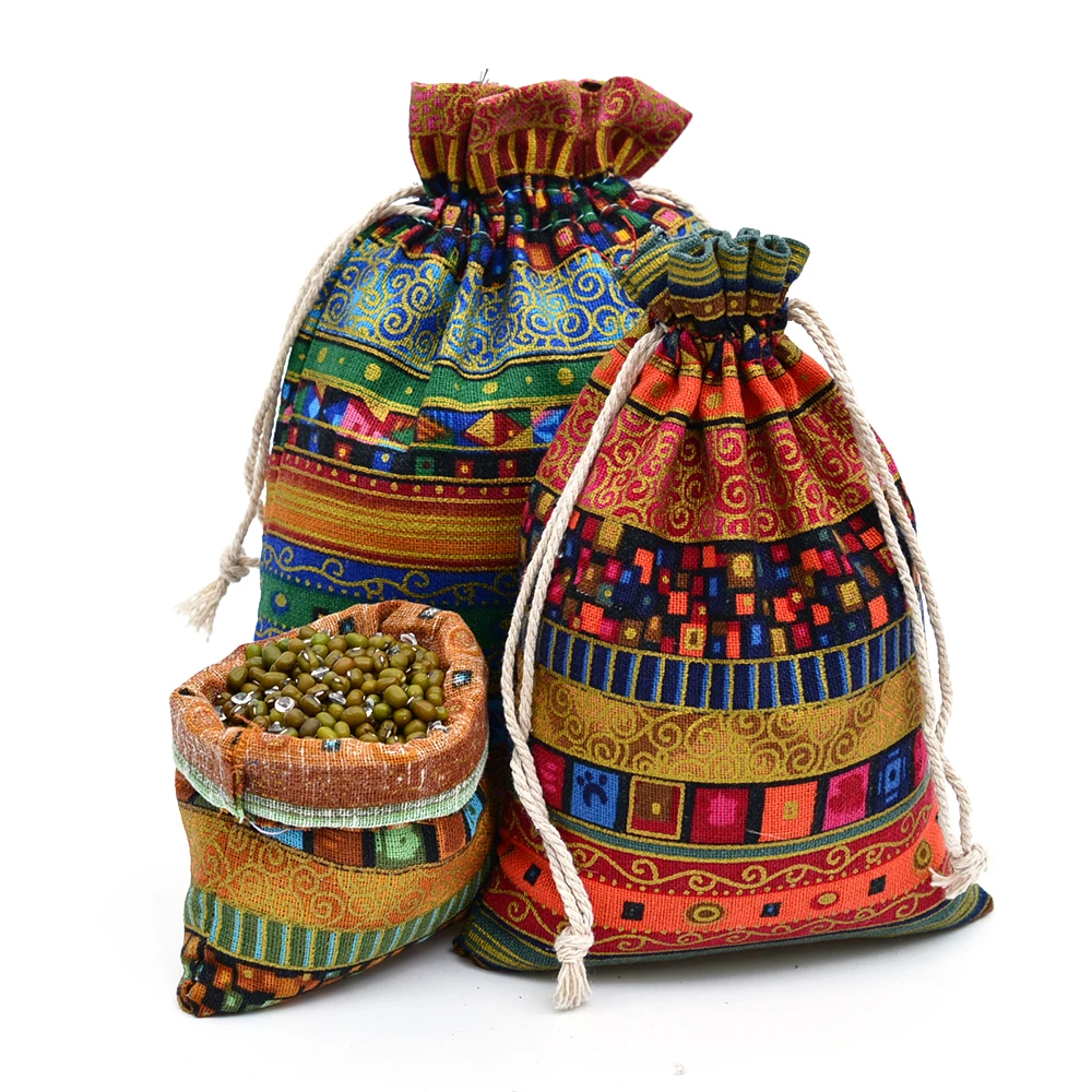

12pcs 10x14cm Egyptian Style Party Favors Gift Bags Cotton Drawstring Sachet Candy Ethnic Travel Purse Linen Bags for Gift