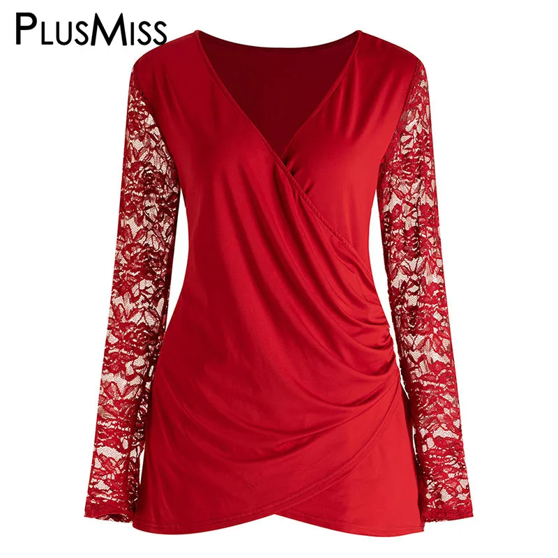 PlusMiss размера плюс 5XL сексуальный v образный вырез сетки из кружев кроше с блузка