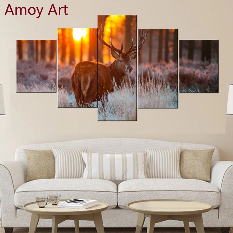5 Panels Sunset Forst Deer Wall Pictures For Living Room Photo To Canvas Wall Art Home Decor Bedroom Canvas Painting Picture For Living Room Wall Picturescanvas Painting Aliexpress
