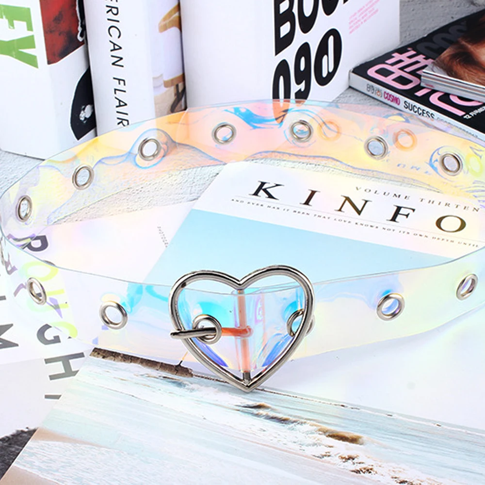 

1 Pcs Woman Fashion Transparent Laser Holographic Colorful Punk Buckle Wide Waist Circle Heart Square Shape Belt Individuality