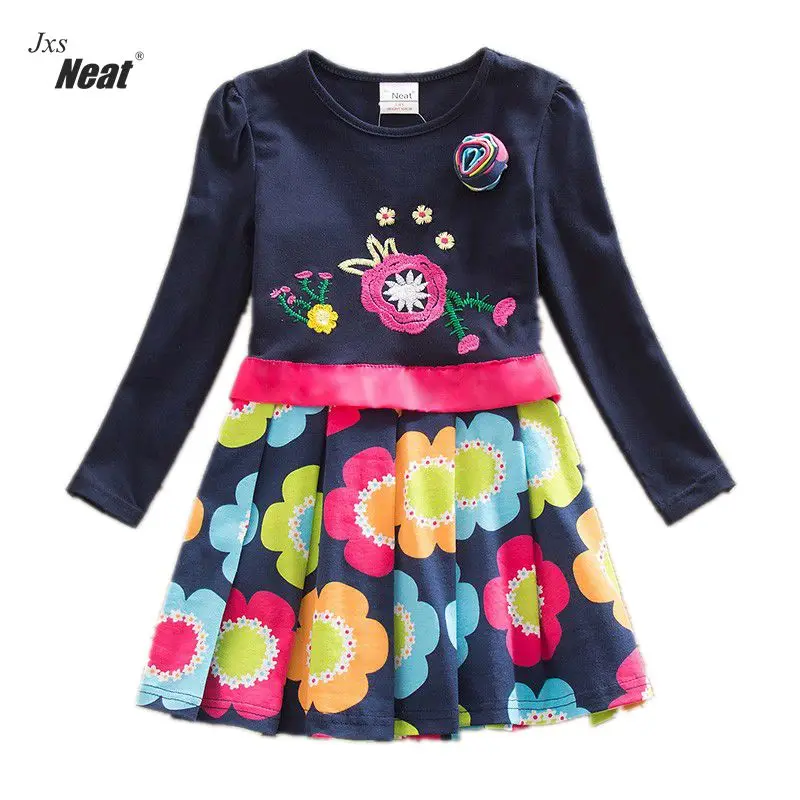 

NEAT Girls Long Sleeve Dress 2017 Spring and Autumn models children sweet cute cotton embroidery flowers children's dress LH5868