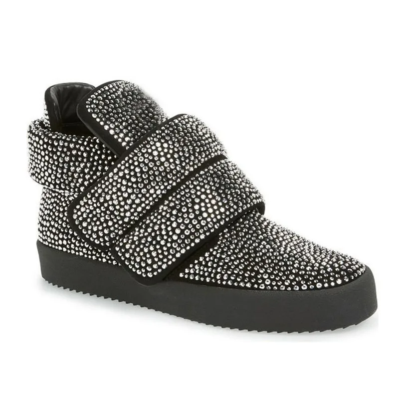 

2017 Autumn Winter Shoes Woman Casual High Top Flats Hook & Loop Crystal Design Woman Cozy Flats Plus Size Mujer Flats Tide S