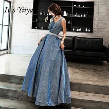 Это YiiYa вечернее платье с v-образным вырезом, с рукавом, с синим шлейфом, Длинные вечерние платья с блестящими кристаллами, на шнуровке, вечерние платья E072