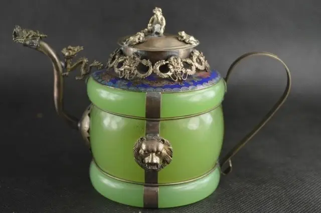 

Chinese handwork old green jade inlay tibet-silver dragon teapot monkey Garden 100% real Tibetan Silver Brassroom