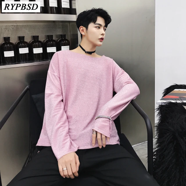 Korean Tshirt Men Spring Autumn Streetwear Fashion Casual Loose Shiny