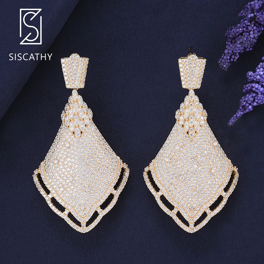 

SISCATHY Fashion Nigerian Dubai Bridal Earrings Geometric Cubic Zirconia Dangle Drop Earring Engagement Wedding Wear Accessories