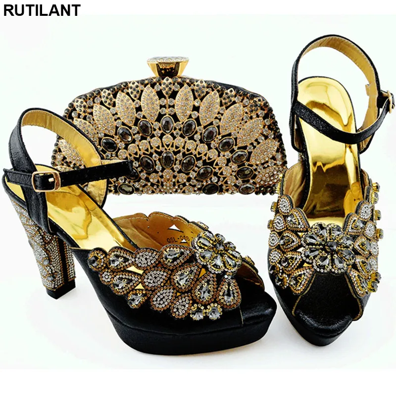 

New Fashion African Shoes and Bags Matching Set Decorated with Rhinestone Luxury Shoes Women Designers Elegant Crystal Shoes