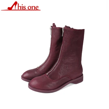 

THIS ONE Women Boots Genuine Leather Mid-Calf Shoes Platform Thick Heels Round Toe Boots Female Fashion Zipper Ladies Shoe