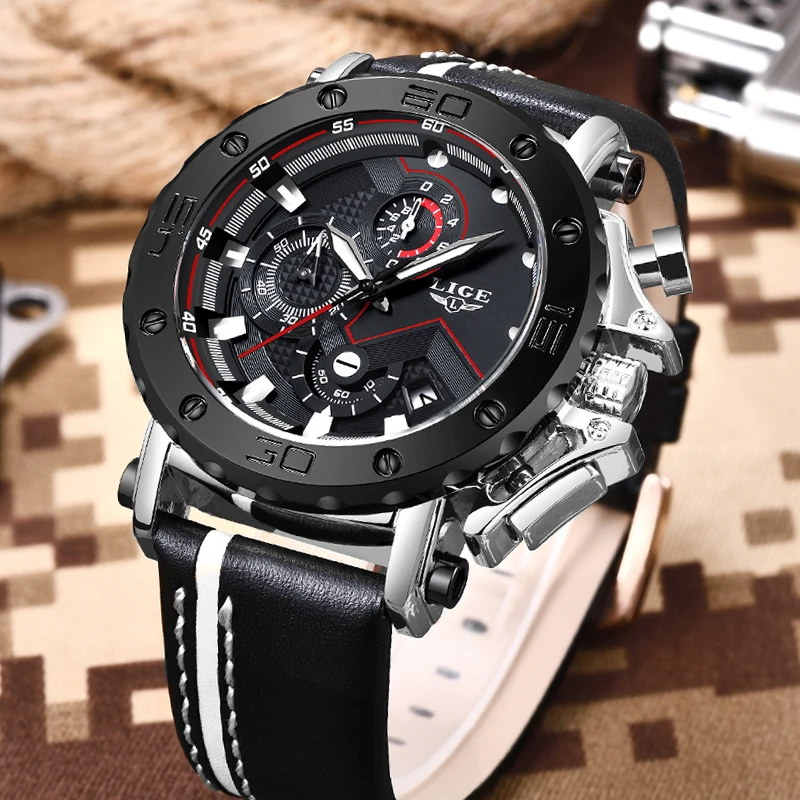 

Genuine LIGE To Brand Quartz Male Watches Casual Leather Watches Racing Men Students Game Run Chronograph Sport Watch Glow Hands