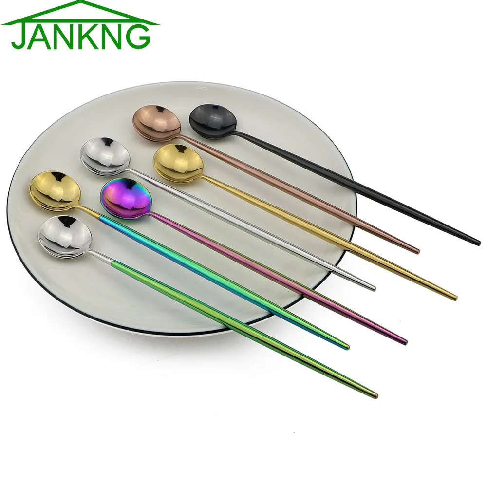 

JANKNG 18-10 Stainless Steel Colorful Long Handle Spoon Rainbow Black Gold Spoons Flatware Coffee Drinking Tools Kitchen Gadget