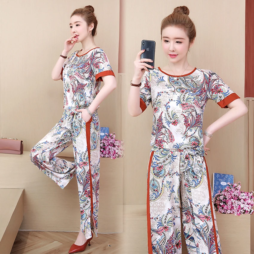 

Plus Size Big Two Piece Outfits Co-ord Set Tracksuits for Women Loose Pants Set and Top Print Floral White 2019 Summer Clothing